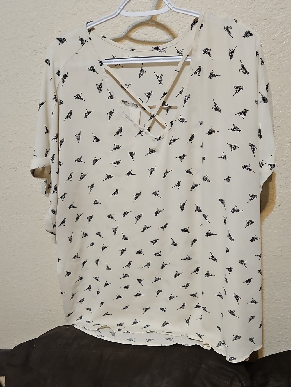 Maurices Cream Blouse with Black Bird Print and Lattice V-Neck